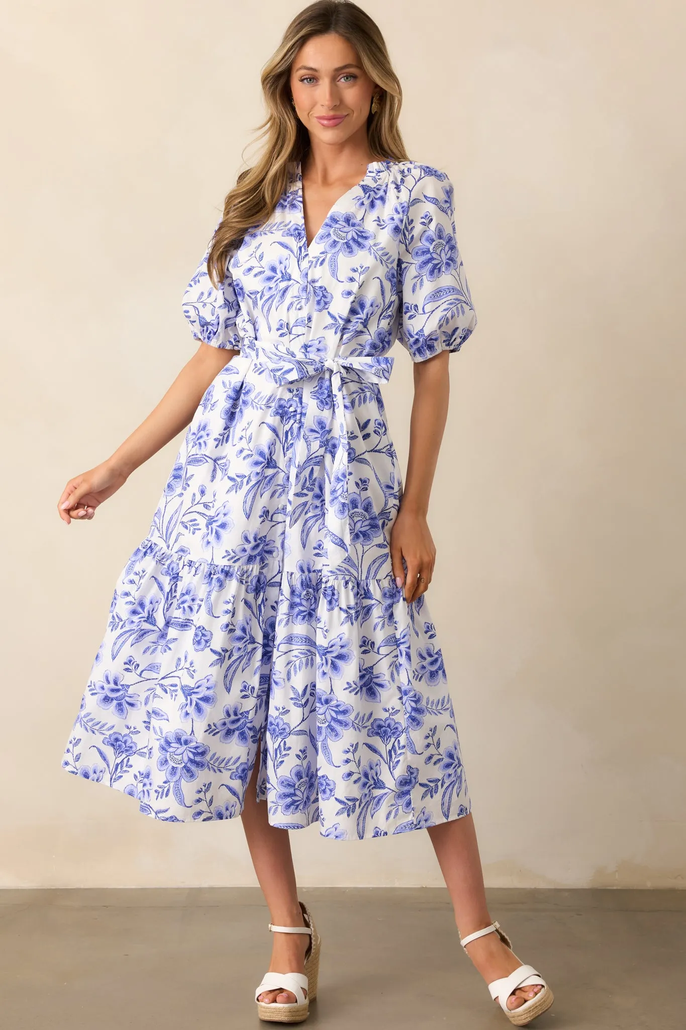 Bayside Breeze Cotton Blue Floral Midi Dress